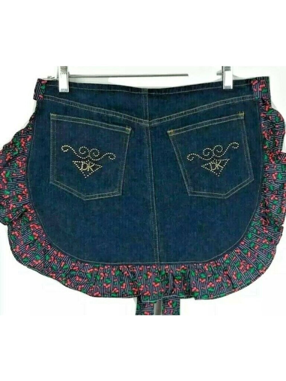 Retro Denim Half Apron Blue Cherry Ruffle Pockets Back Tie Repurposed Crafted